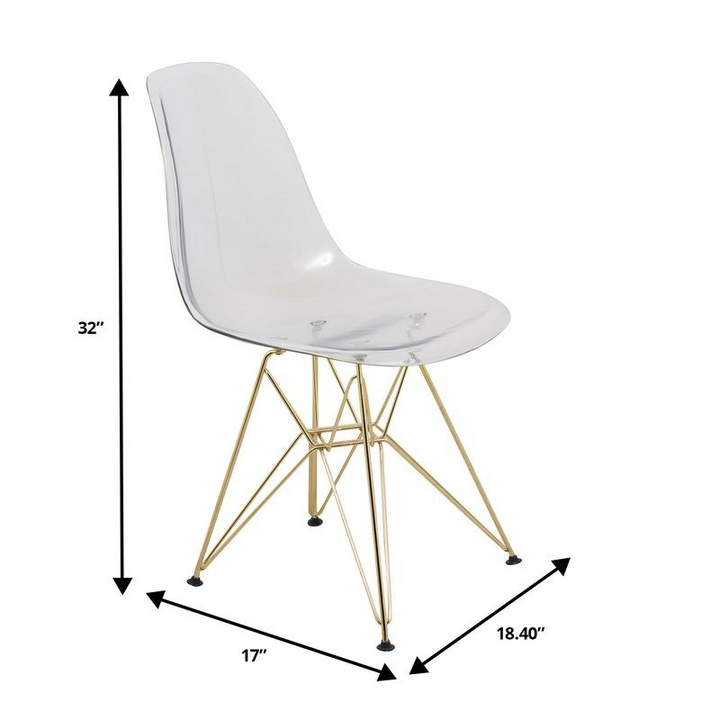 LeisureMod 5-Piece Dining Set with 35" Round Dining Table in White Iron Pedestal Base and 4 ABS Plastic Side Chair with Gold Base Clear Chair Dimensions.