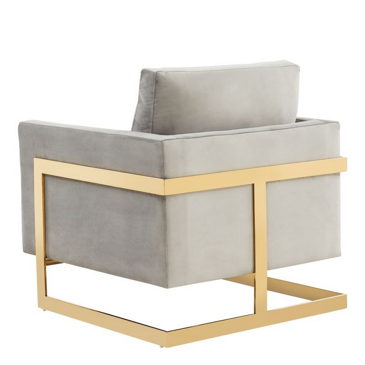 Lincoln Velvet Accent Armchair with Gold Frame Light Grey Back View