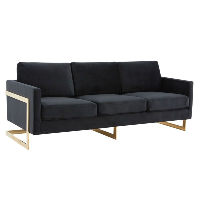 LeisureMod Lincoln Modern Mid-Century Upholstered Velvet Sofa with Gold Frame Black.