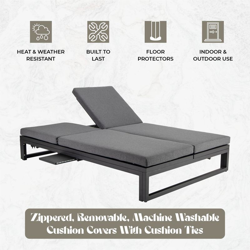 LeisureMod Chelsea Convertible Lounge Reclining Double Chaise with Cushions Black Details.