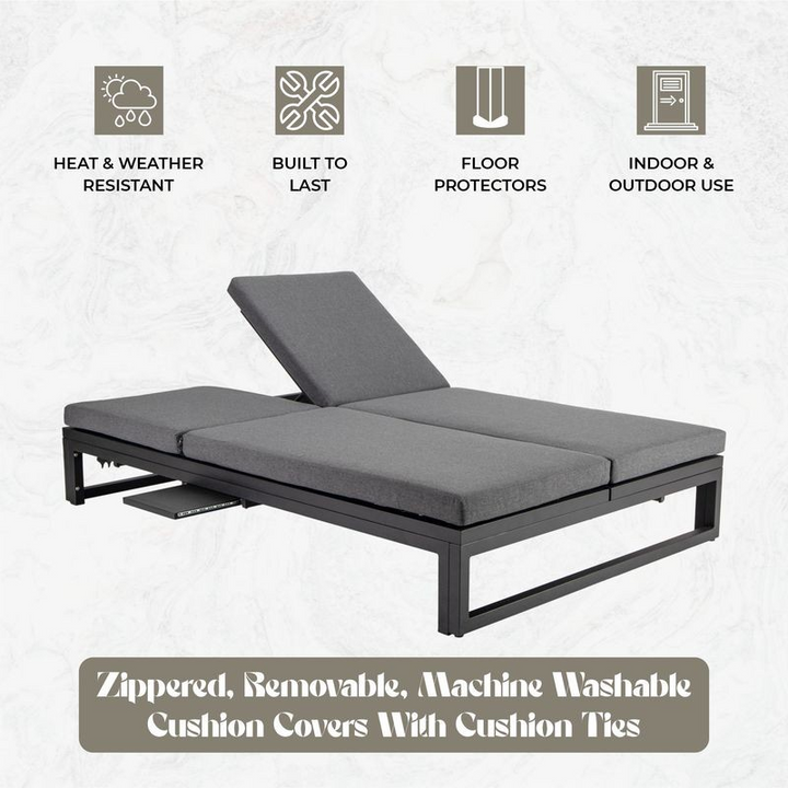 LeisureMod Chelsea Convertible Lounge Reclining Double Chaise with Cushions Black Details.