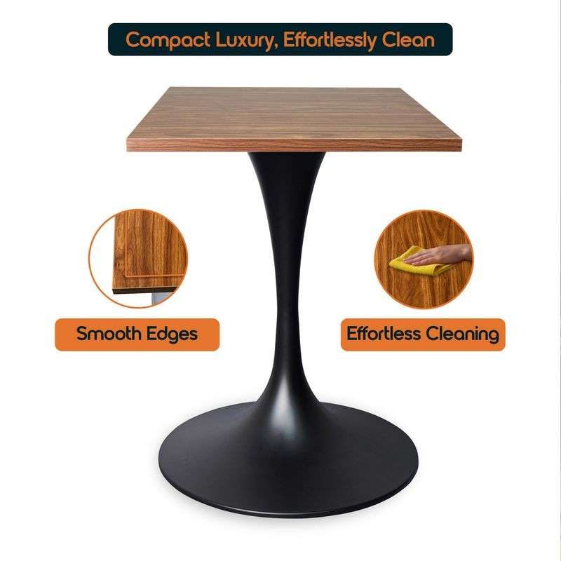 LeisureMod Verve Collection 24 Square Dining Table, Black Base with Cognac Brown MDF Top Details.