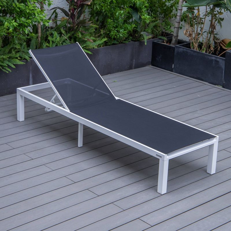LeisureMod Marlin Patio Chaise Lounge Chair with White Aluminum Frame Black