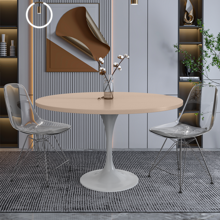 LeisureMod Verve Collection 48 Round Dining Table, White Base with Light Natural Wood MDF Top
