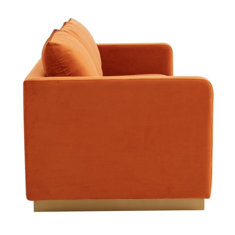 LeisureMod Nervo Modern Mid-Century Upholstered Velvet Sofa with Gold Frame Orange Marmalade Side View.
