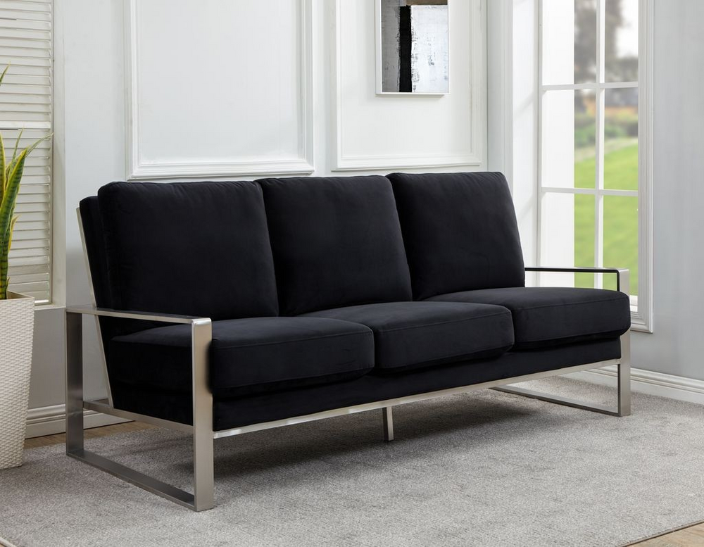 LeisureMod Jefferson Contemporary Modern Design Velvet Sofa with Silver Frame Black with Background.