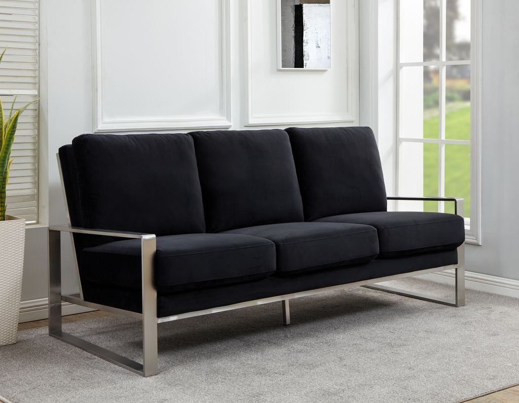 LeisureMod Jefferson Contemporary Modern Design Velvet Sofa with Silver Frame Black with Background.