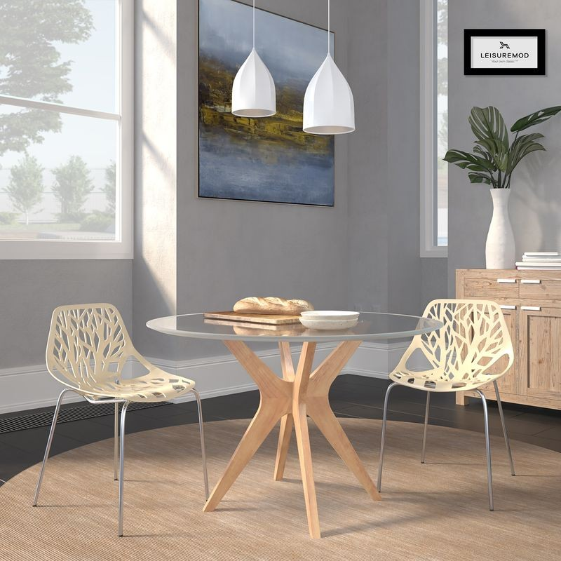 LeisureMod Modern Asbury Dining Chair w/ Chromed Legs, Set of 2 Cream at Table.