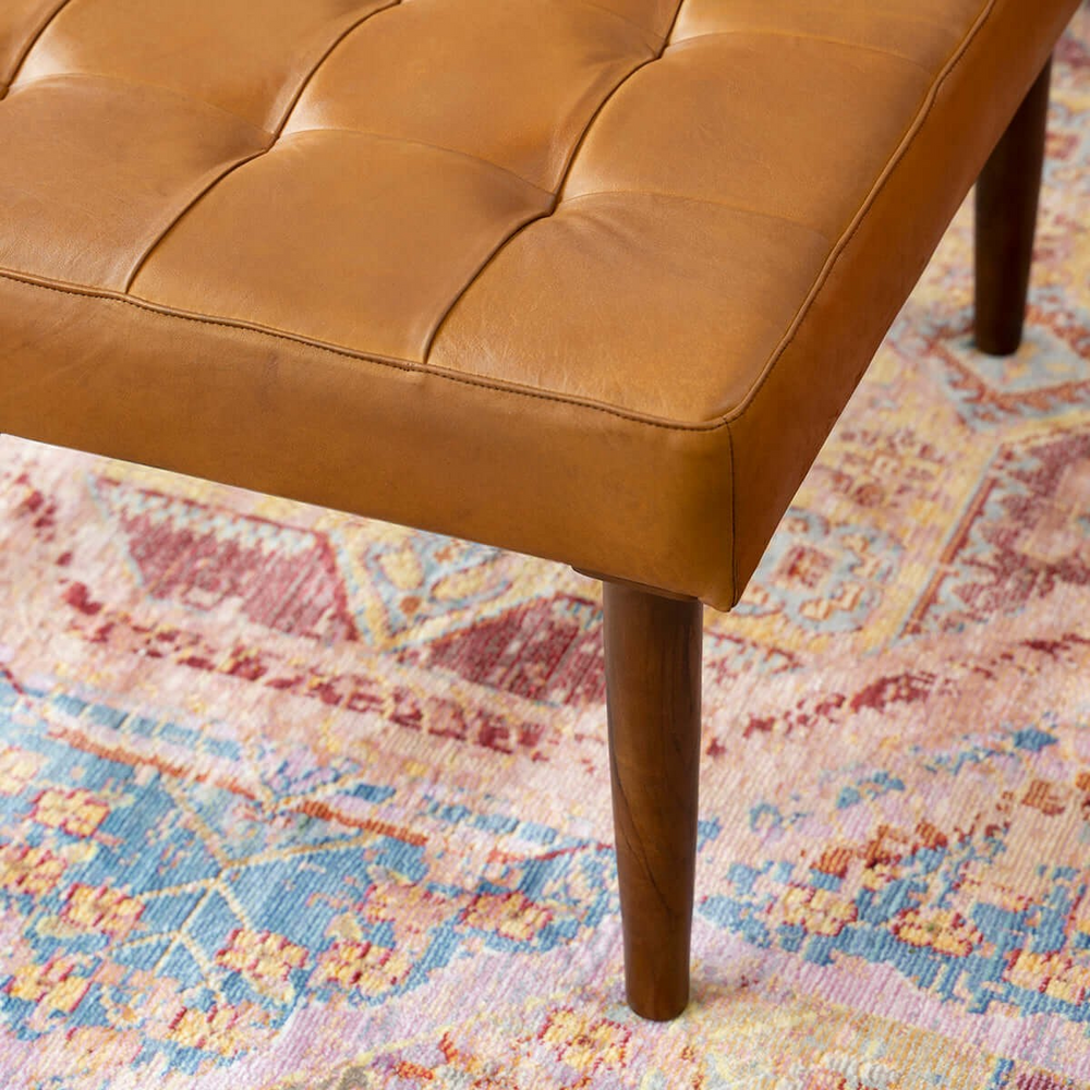 Mark Mid-Century Tufted Square Genuine Leather Upholstered Ottoman in Tan Closeup.