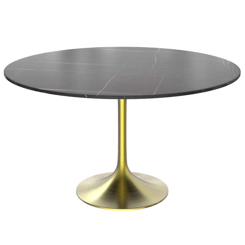 LeisureMod Verve Collection 48 Round Dining Table, Brushed Gold Base with Sintered Stone Black Top