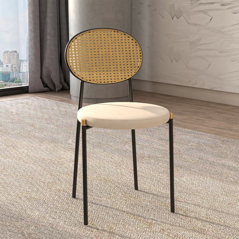 LeisureMod Euston Modern Wicker Dining Chair with Velvet Round Seat Beige