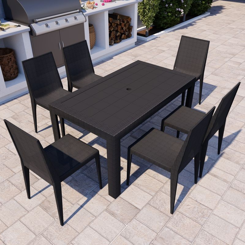 LeisureMod Mace 7-Piece Outdoor Dining Set with Rectangular Table and Stackable Chairs Black with Background.