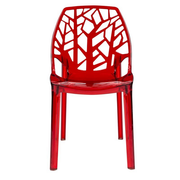 LeisureMod Cornelia Modern Spring Cut-Out Tree Design Stackable Dining Chair Transparent Red Front View.