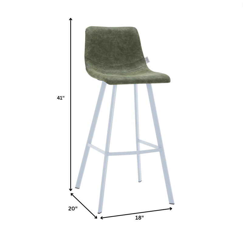 Green bar stool with white legs and dimensions on a white background.