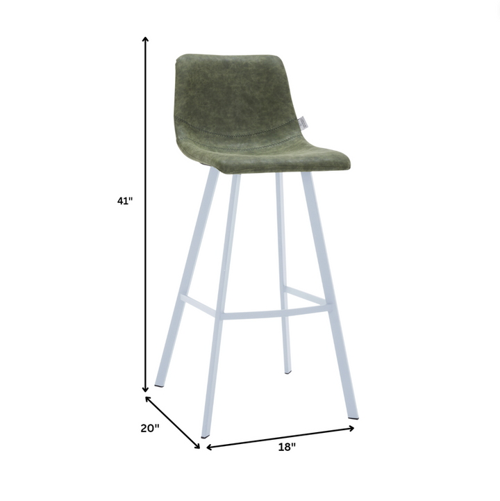 Green bar stool with white legs and dimensions on a white background.