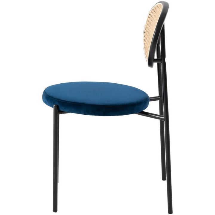 LeisureMod Euston Modern Wicker Dining Chair with Velvet Round Seat Navy Blue Side View.