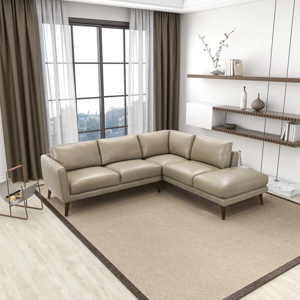 Benson Beige Leather Sectional Sofa Right Facing Chaise Photo.