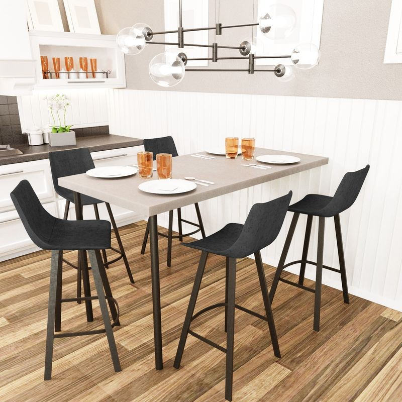 LeisureMod Elland Modern Upholstered Leather Bar Stool with Iron Legs and Footrest at Table.