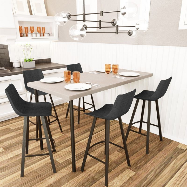 LeisureMod Elland Modern Upholstered Leather Bar Stool with Iron Legs and Footrest at Table.