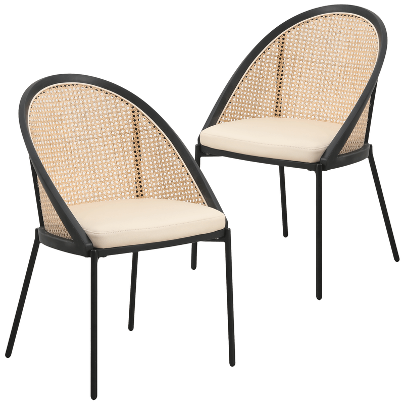 LeisureMod Urbane Collection Modern Dining Chair with Wicker back in Cream Set of 2