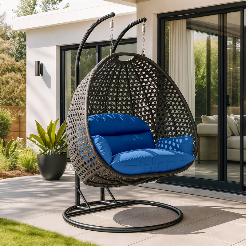 LeisureMod Charcoal Wicker Hanging 2 person Egg Swing Chair Blue