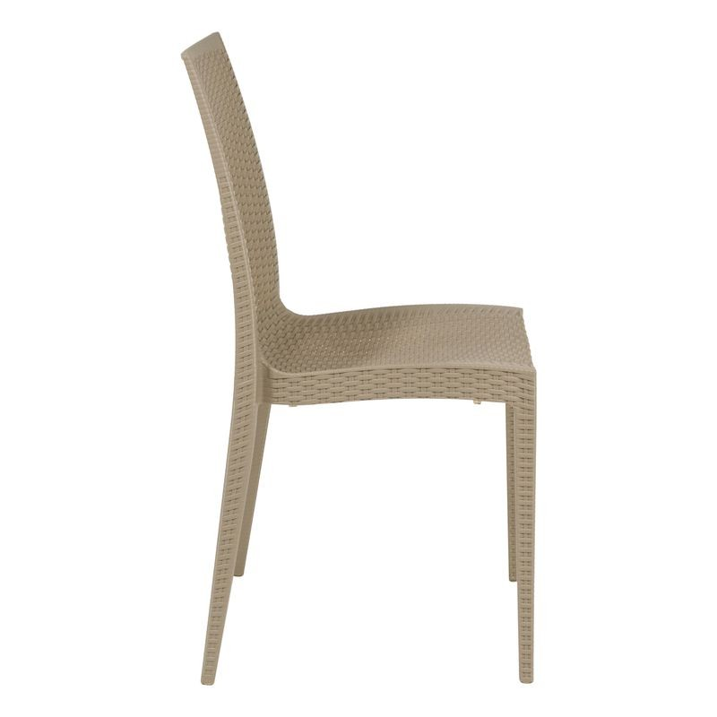 LeisureMod Weave Mace Indoor/Outdoor Armless Dining Chair in Taupe Side View.
