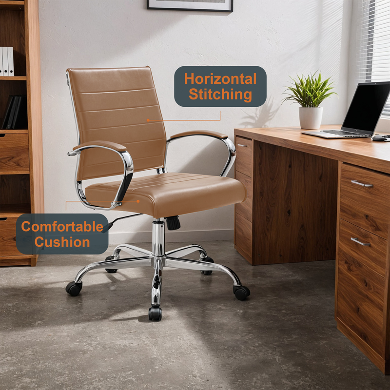 LeisureMod Benmar Leather Office Chair Brown at Desk.