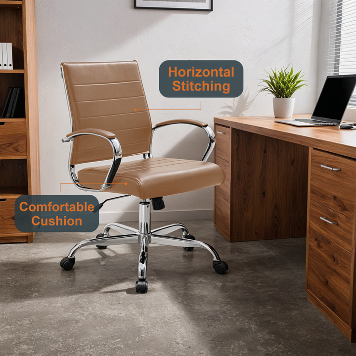 LeisureMod Benmar Leather Office Chair Brown at Desk.