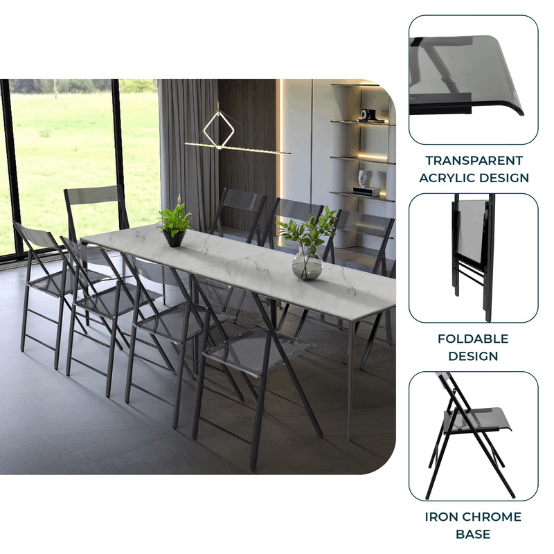 Dining area with long white table and black chairs, featuring transparent acrylic design and iron chrome base.