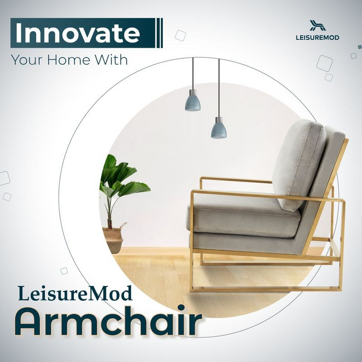 LeisureMod Jefferson Velvet Design Accent Armchair with Gold Brass Finish Frame Light Gray Innovation