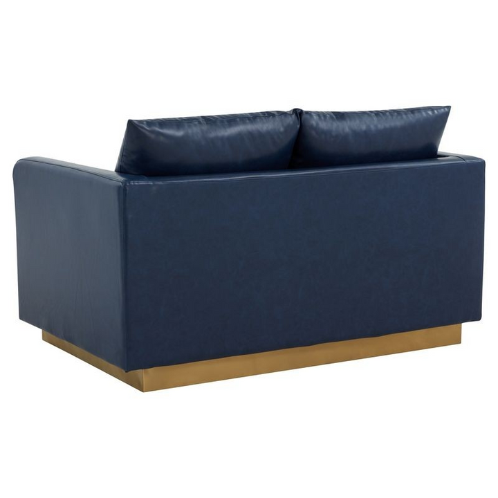 LeisureMod Nervo Modern Mid-Century Upholstered Faux Leather Loveseat with Gold Frame Navy Blue Back View.