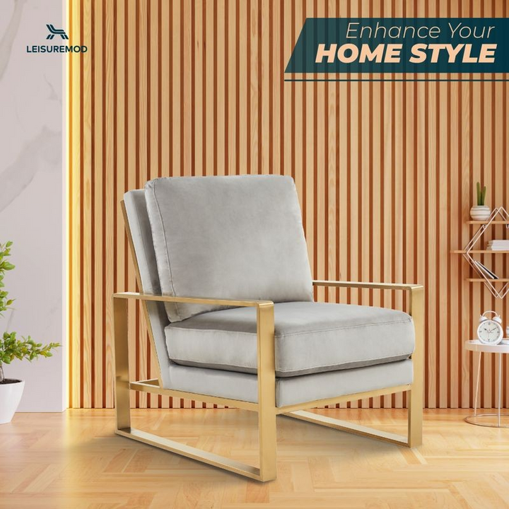 LeisureMod Jefferson Velvet Design Accent Armchair with Gold Brass Finish Frame Light Gray