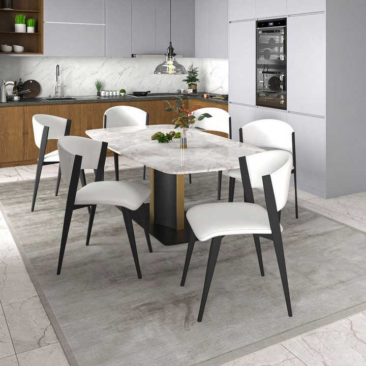 LeisureMod Aspen Collection Modern Dining Chair Black Frame in White at Table.
