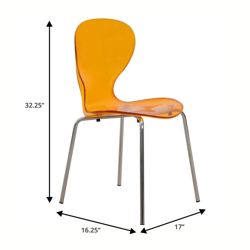 LeisureMod 5-Piece Dining Set Round White MDF Dining Table and 4 Plastic Dining Chairs with Chrome Legs Transparent Orange Chair Dimensions.