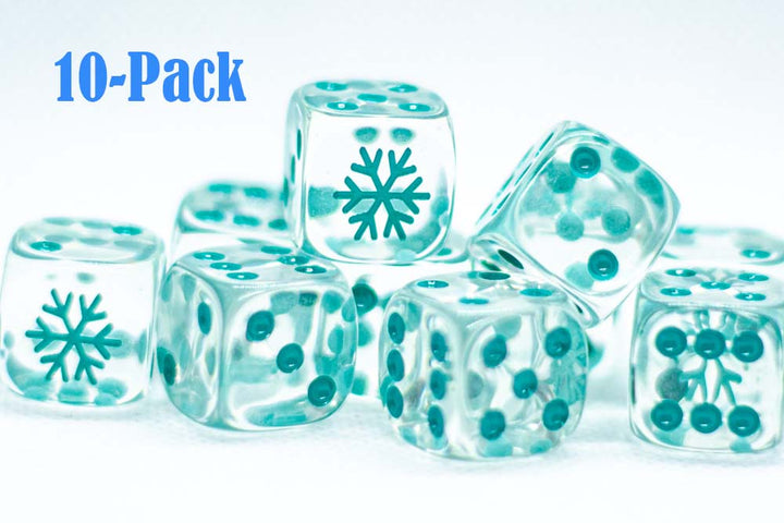 10-Pack Clear w/Teal 16mm d6 Dice Featuring a Snowflake on the '1' side
