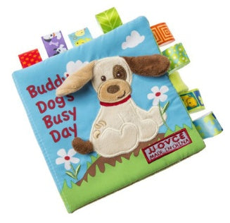 Children's soft book with a dog illustration on a white background.