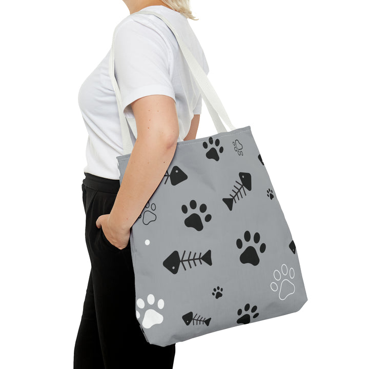 Paws and Fish Gray Pattern Tote Bag (AOP)