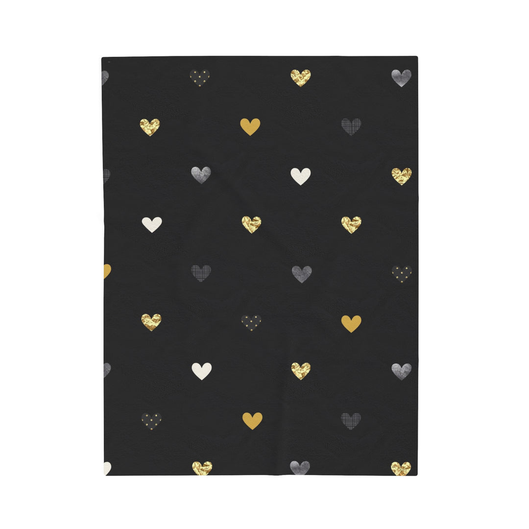 Golden Texture Hearts on Black Velveteen Plush Blanket