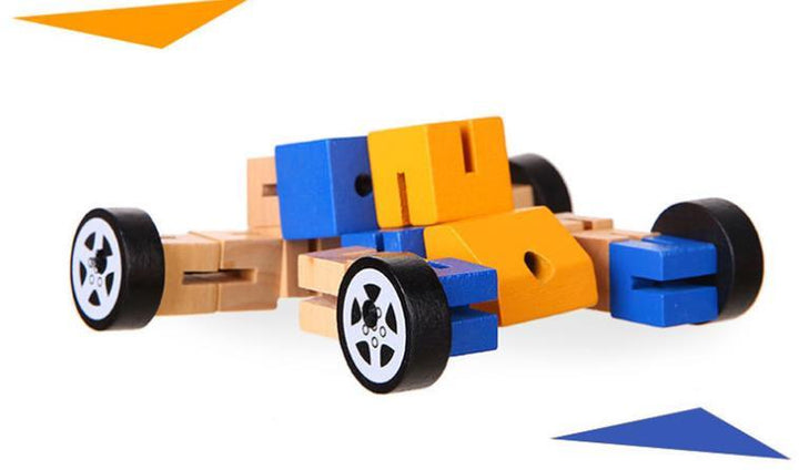 Toy car made of interlocking blocks on a white background.