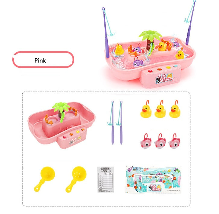 Pink toy fishing set with accessories on a white background.