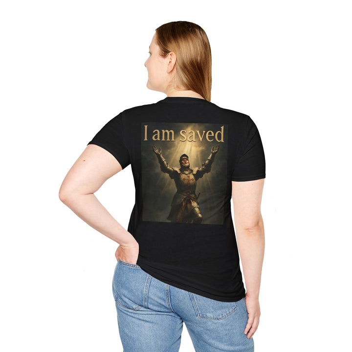 Christian Knight T-Shirt — "Through Christ Jesus" Front and "I Am Saved" Back