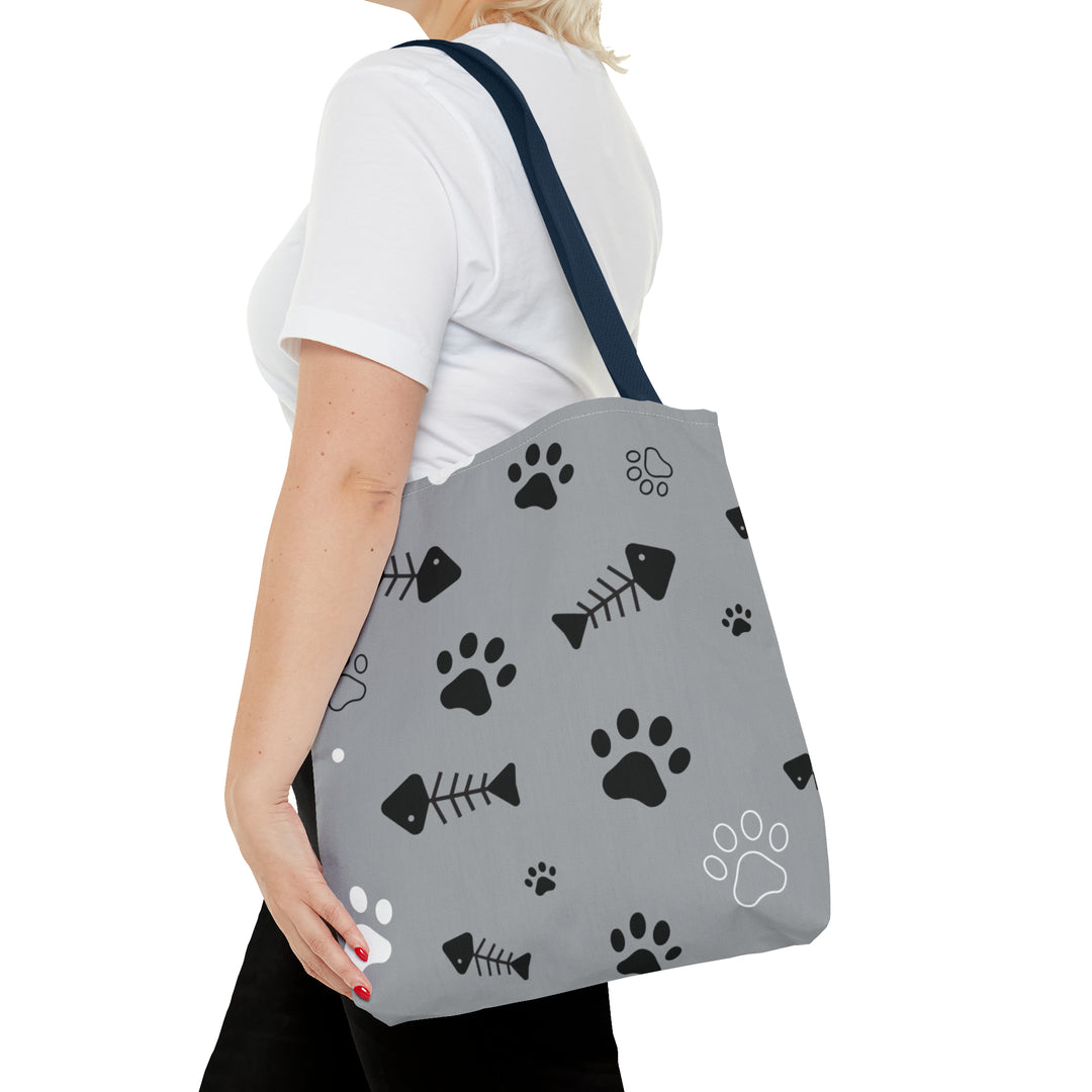 Paws and Fish Gray Pattern Tote Bag (AOP)