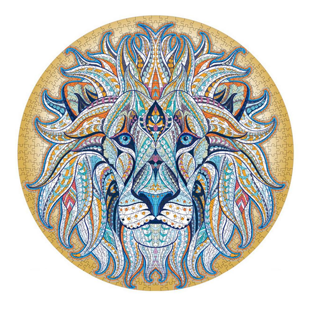 Round jigsaw puzzle with a colorful lion design on a beige background.