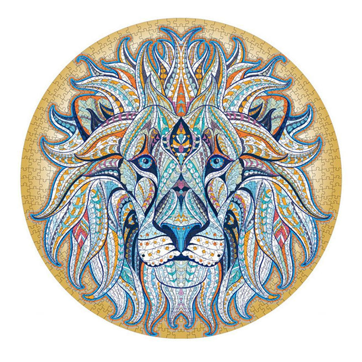 Round jigsaw puzzle with a colorful lion design on a beige background.