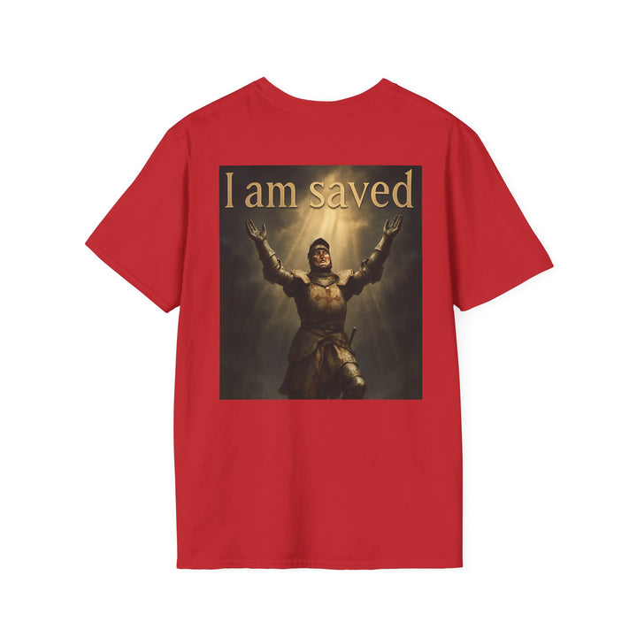Christian Knight T-Shirt — "Through Christ Jesus" Front and "I Am Saved" Back