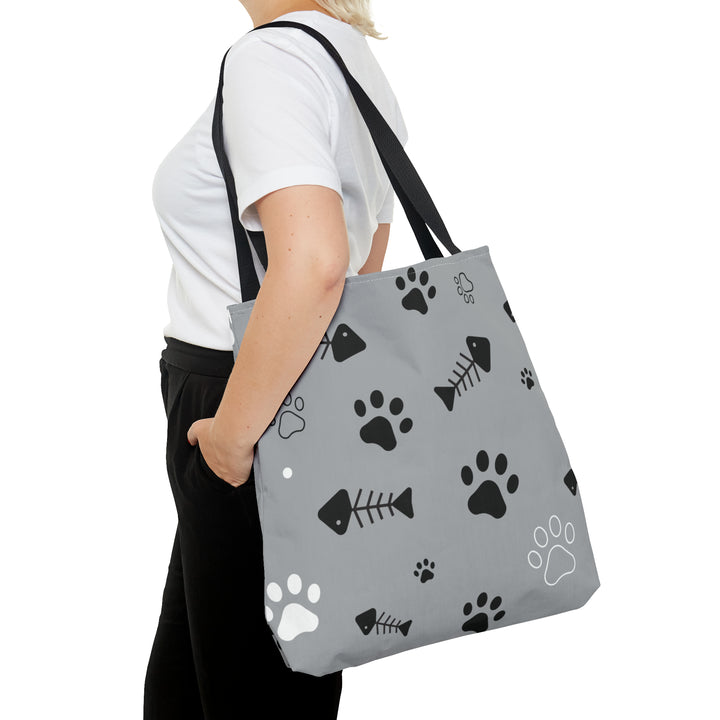 Paws and Fish Gray Pattern Tote Bag (AOP)