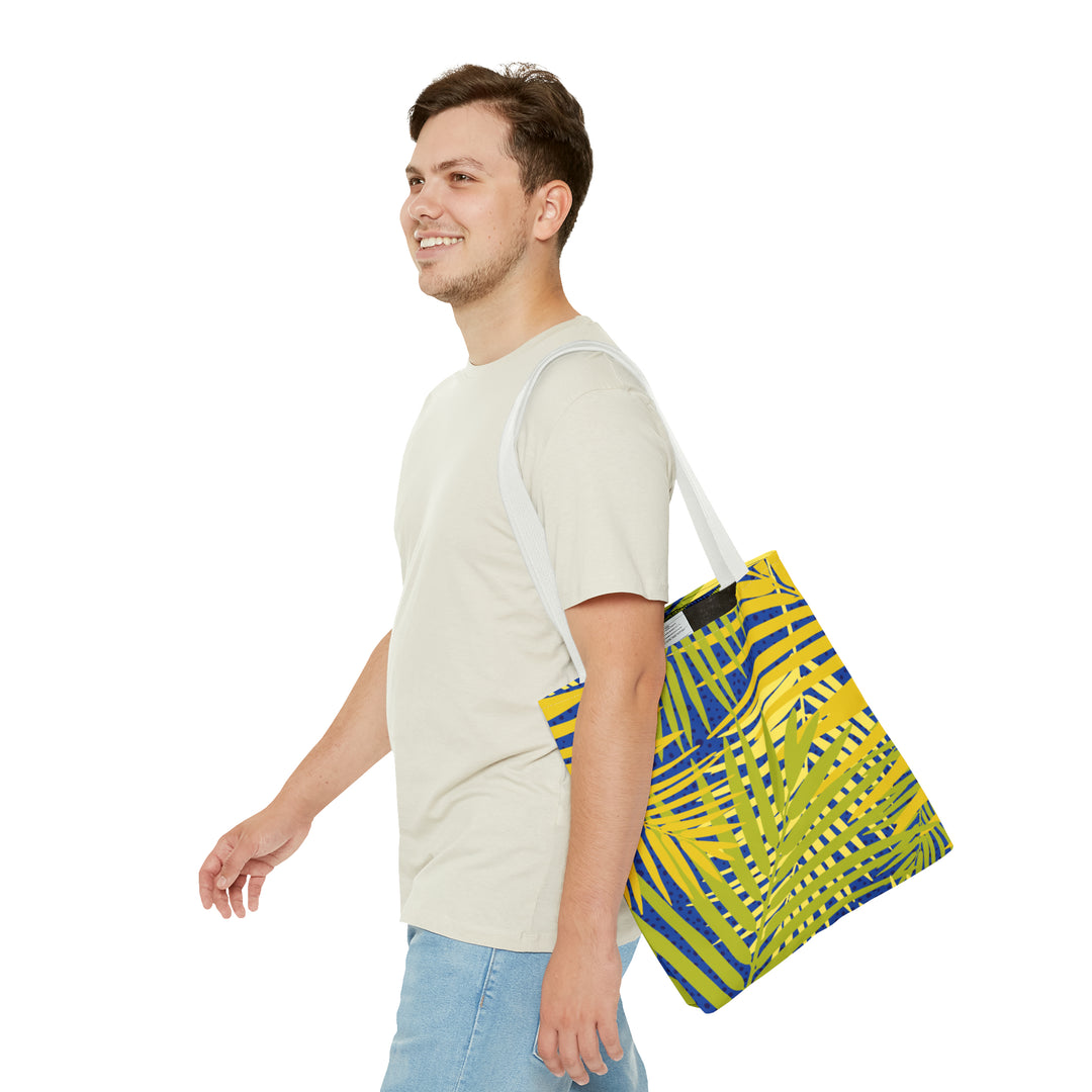 Green Leaves Pattern Over Blue Tote Bag (AOP)