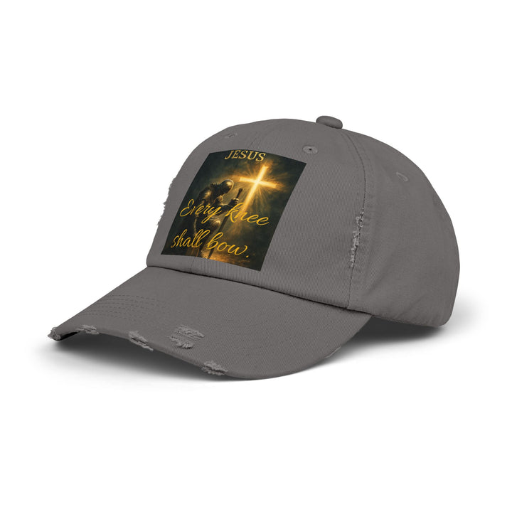 Jesus Cross Distressed Cap — "Every Knee Shall Bow" Christian Hat