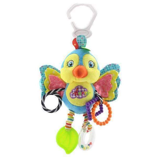 Colorful butterfly-shaped baby toy with rattle and clip on a white background.