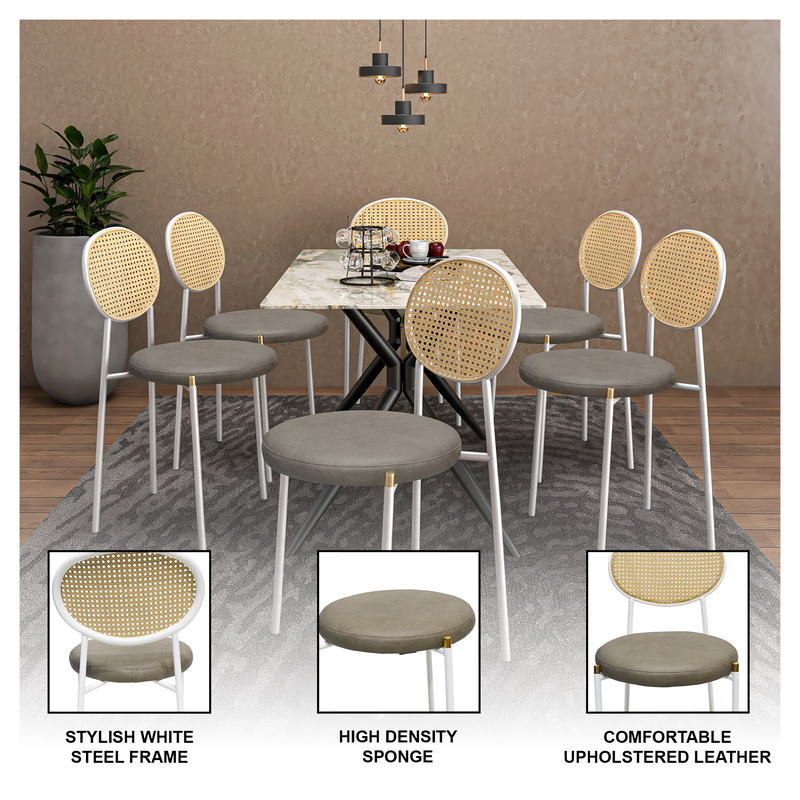 Dining table set with chairs featuring stylish white steel frame, high-density sponge, and comfortable upholstered leather.